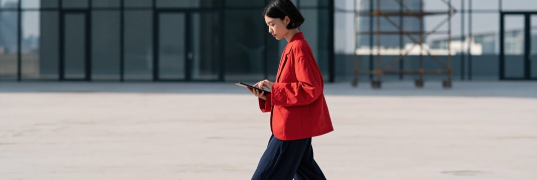 Woman in red jacket walking with a tablet across an open plaza for minimalist banner design and urban background composition