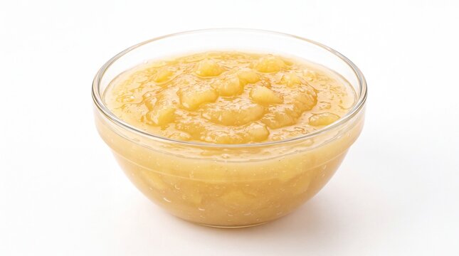 Fresh organic applesauce served in a clear glass bowl captured with soft studio lighting inside a professional studio on white background