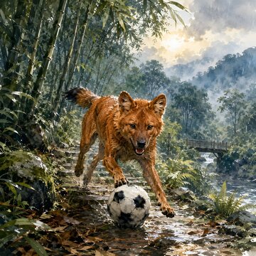 sports football animal dhole chasing soccer ball through rainy bamboo forest watercolor illustration


