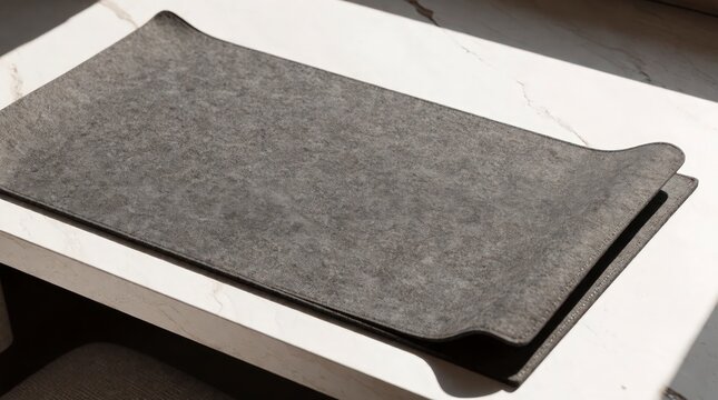 Grey felt desk mat on white marble table for workspace organization and office decor