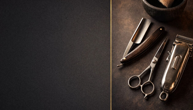 Vintage grooming tools including scissors, razor, clipper, brush, and comb arranged on a dark textured surface with generous copy space.