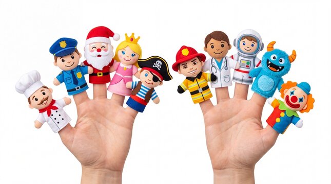 Colorful finger puppets representing various characters including chef police santa princess pirate firefighter doctor astronaut monster clown on white background