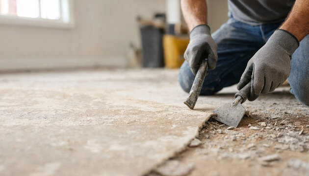 Worker wearing protective gloves uses a hammer and chisel to repair a damaged concrete floor indoors.