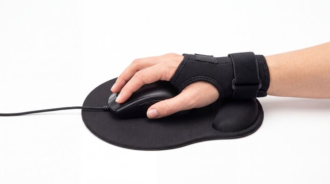Ergonomic black wrist brace worn by person using computer mouse on ergonomic mousepad for repetitive strain injury on white background