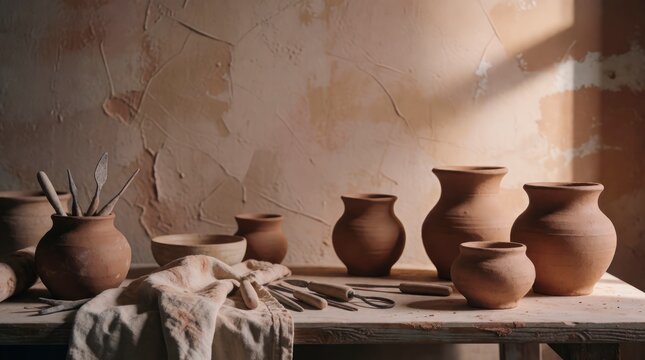 Handmade clay pottery vases and bowls on a rustic wooden table in a sunlit workshop