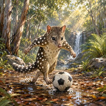 sports football animal tiger quoll playing soccer beside forest waterfall in morning light

