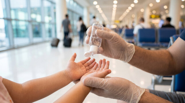 Closeup of a person wearing gloves applying hand sanitizer to a childs hands in a busy airport terminal