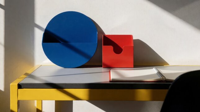 Abstract geometric shapes on a yellow desk with notebook in bright sunlight