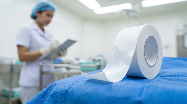 Medical adhesive tape roll on a blue surgical drape in an operating room with a nurse in the background
