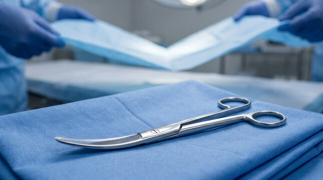 Surgical scissors resting on a sterile blue drape in an operating room with medical staff preparing for surgery in the background