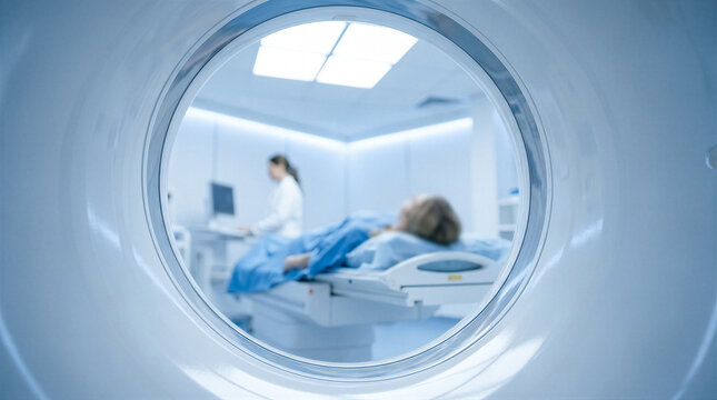 Patient undergoing a ct scan procedure in a modern hospital radiology department with a medical professional monitoring the equipment