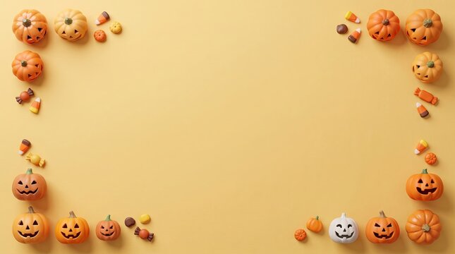 Decorative Halloween border with mini orange pumpkins and candies on yellow background with central text area