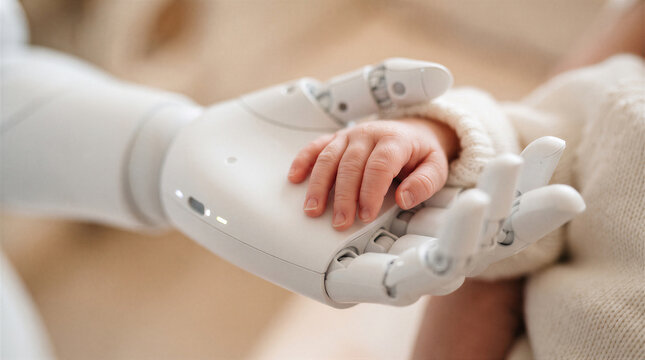 A closeup of a robotic hand gently holding the small, delicate hand of a baby, symbolizing the intersection of technology and humanity