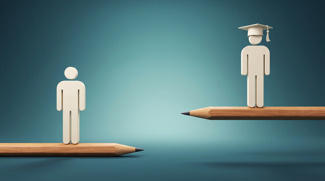 Academic progression and mentorship concept featuring miniature student figures on pencil platforms symbolizing the journey toward graduation and educational success