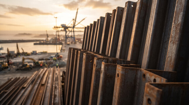 Steel sheet piles stacked at a construction site near a harbor at sunset