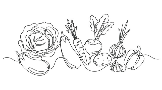 Continuous line drawing of assorted fresh vegetables