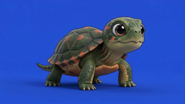 Adorable baby turtle with a vibrant green shell and expressive eyes, rendered in a charming 3D style.