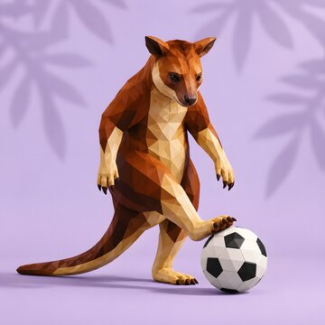 sports football animal low poly kangaroo controlling soccer ball on soft purple studio background

