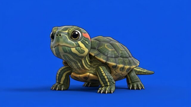 Adorable baby turtle with a vibrant red-eared slider shell, isolated on a blue background.