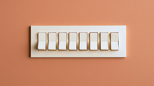 Minimalist row of eight white electrical light switches mounted on a warm terracotta colored wall interior design architectural detail