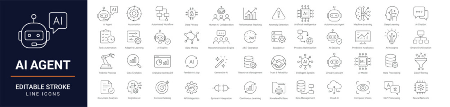 Ai agent and artificial intelligence outline icon set with editable stroke for automation, machine learning, chatbot, data processing, analysis, learning, analytics and smart technology
