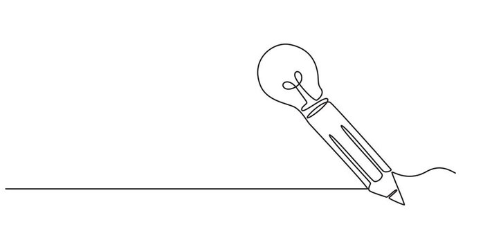 Animated self drawing of Continuous line drawing of a pencil combined with a light bulb, concept of creative writing and idea generation. Full length one line animation. 4K video