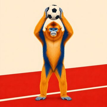 sports football animal golden snub nosed monkey holding soccer ball overhead on red graphic background

