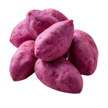 Bunch of yams stacked together on a white background showing their purple skin and unique shape