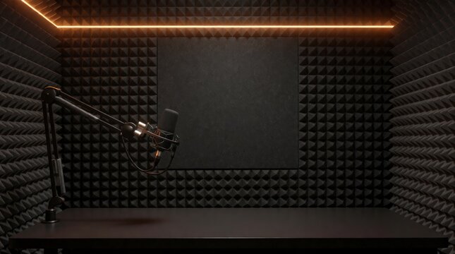 Professional podcast recording studio with microphone and acoustic foam wall panels