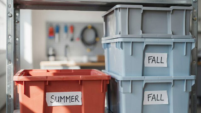 Labeled Seasonal Storage Boxes Stacked on Shelf in Home Garage