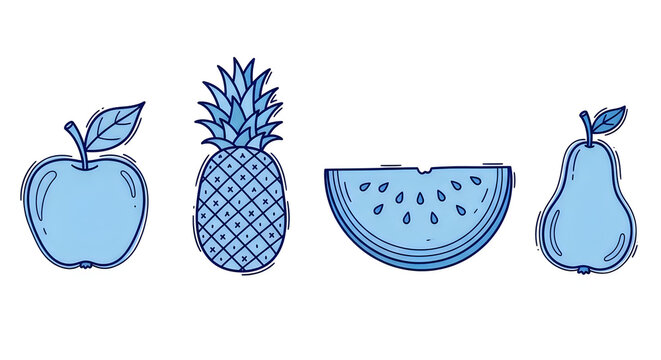 Set of blue hand drawn fruits including apple pineapple watermelon slice and pear sketch illustration