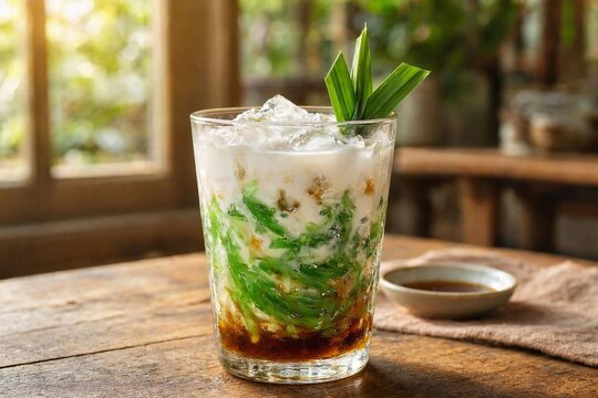 Indonesian Es Cendol Traditional Drink with Coconut Milk and Palm Sugar