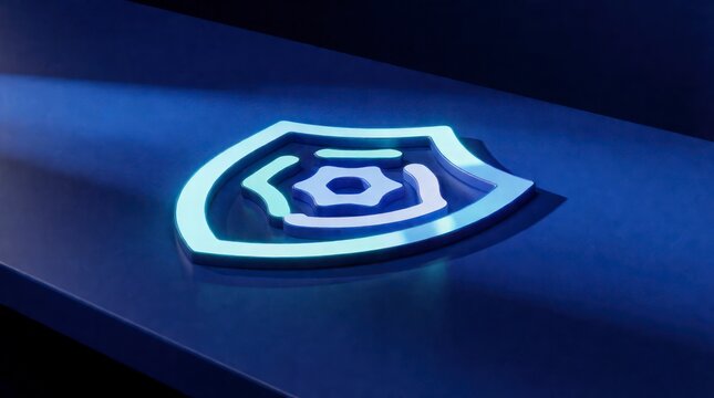 Glowing blue shield icon representing digital security and cyber protection technology