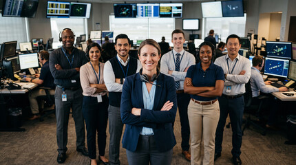 Fototapeta premium Air traffic controller leads diverse aviation operations team in modern control center, showcasing flight monitoring, airspace management, communication, teamwork and aviation safety.