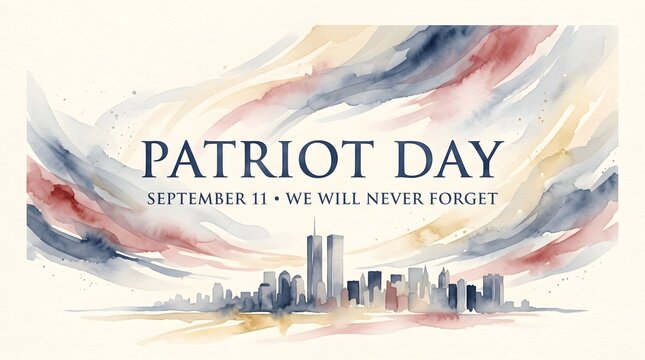 Patriot day memorial design featuring a watercolor new york city skyline with the twin towers silhouette and a solemn remembrance message for
