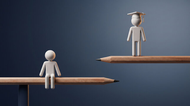 Educational progression and learning gap concept featuring student figures on pencils representing academic achievement and mentorship