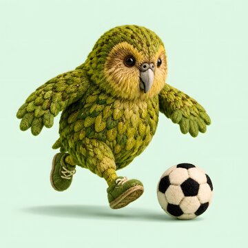 sports football animal kakapo bird running beside soccer ball in knitted wool craft style illustration

