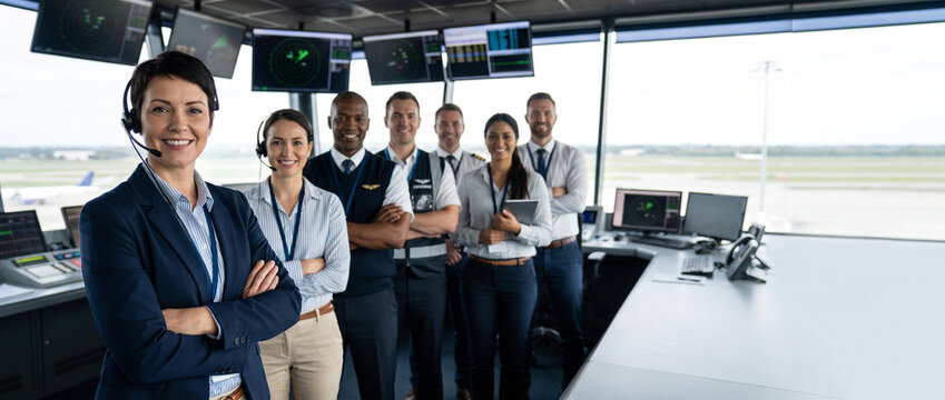 Air traffic controller leads diverse aviation operations team in modern control center, showcasing flight monitoring, airspace management, communication, teamwork and aviation safety.