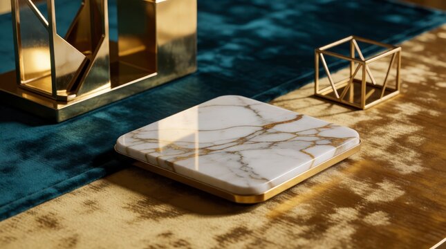 Luxury marble coaster on gold table with teal runner and geometric decor for home interior