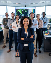 Obraz premium Air traffic controller leads diverse aviation operations team in modern control center, showcasing flight monitoring, airspace management, communication, teamwork and aviation safety.