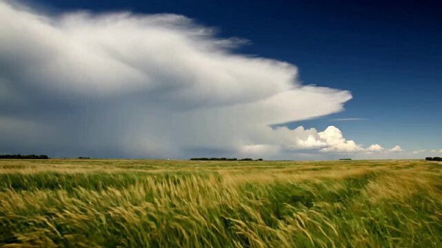 Dramatic storm clouds over wheat field: approaching supercell thunderstorm and windy grassland landscape