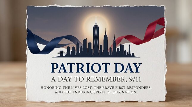 Patriot day memorial card featuring a silhouette of the new york city skyline with flowing red and blue ribbons against a sunset