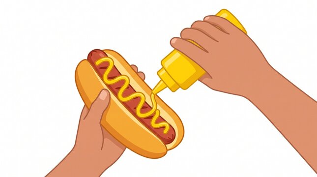 Hand adding mustard to hot dog in bun
