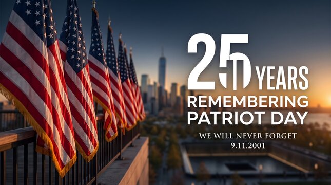 A row of american flags displayed against a sunset city skyline to commemorate twenty five years of remembering the september eleventh patriot