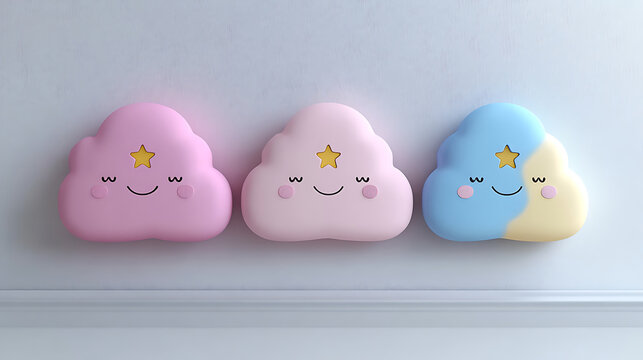 Gentle pastel cartoon depiction of outlet covers with smiling cloud and star designs in soft pink and lavender against a stark white backdrop 