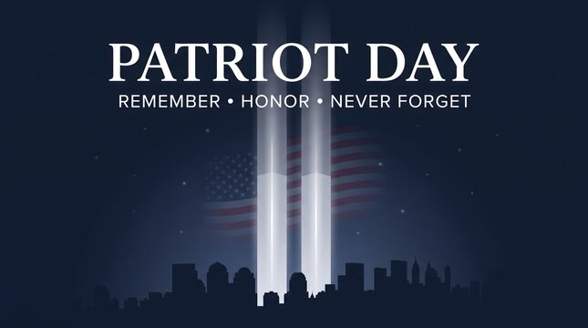 Patriot day memorial graphic featuring the twin towers tribute light beams over a dark city skyline to remember the september eleventh tragedy