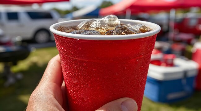 A hand holding a cold red plastic cup with ice at an outdoor event.