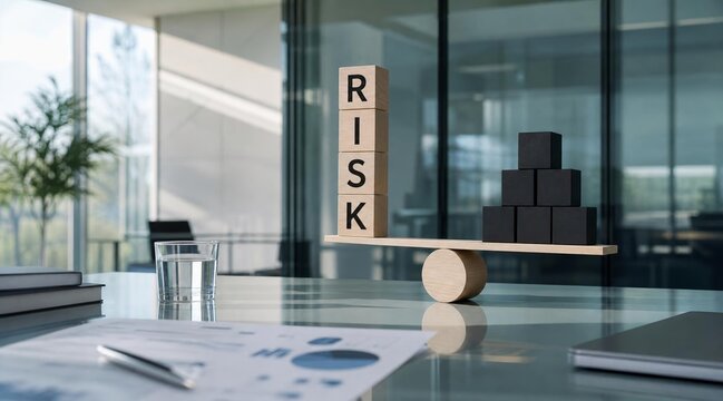 Business risk management concept with wooden blocks on a balance scale.