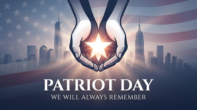 Patriot day memorial concept featuring cupped hands holding a glowing star against a blurred new york city skyline and american flag background