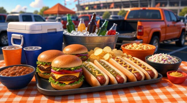 Delicious Tailgate Party Food Spread with Burgers and Hot Dogs.